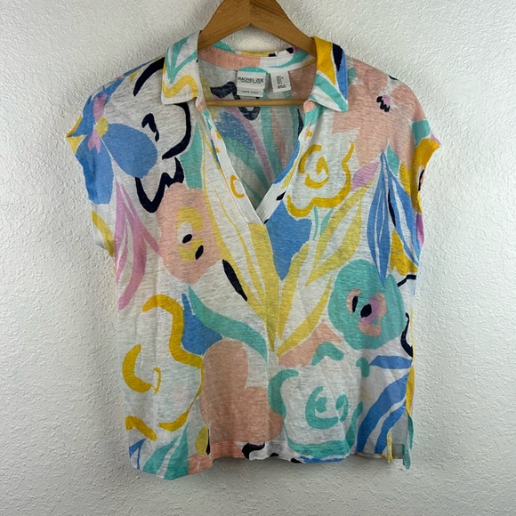 Rachel Zoe Tops - Perfect Rachel Zoe Colorful Floral V-neck Linen Short Sleeve Blouse Women large